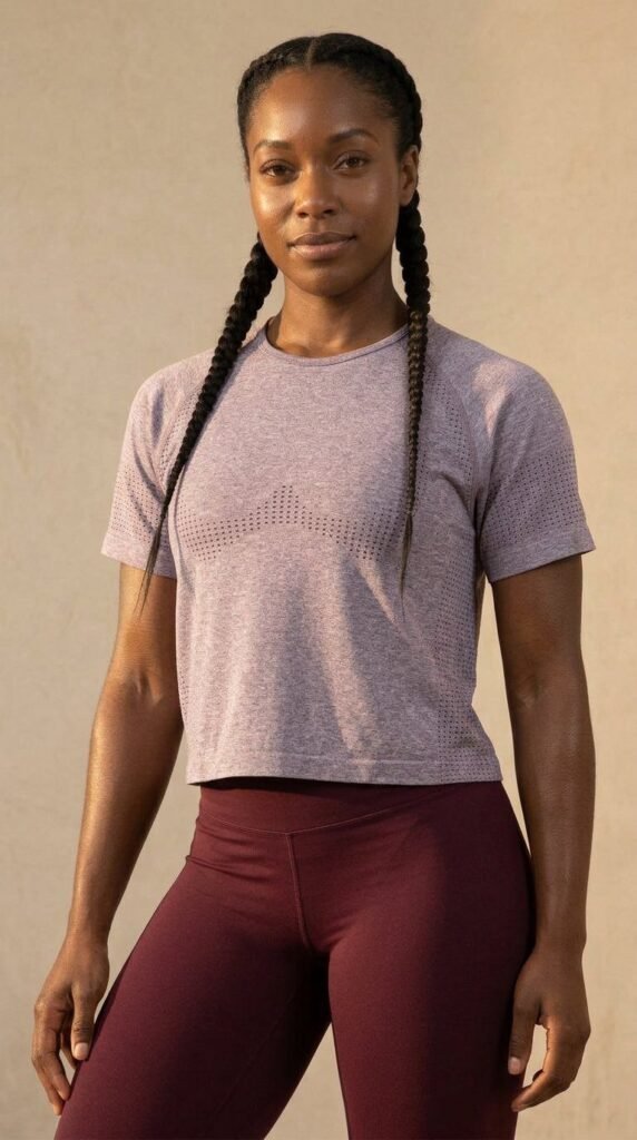 Sculpt Knit Crop Tee i lilac med burgundy leggings, kampanjbild