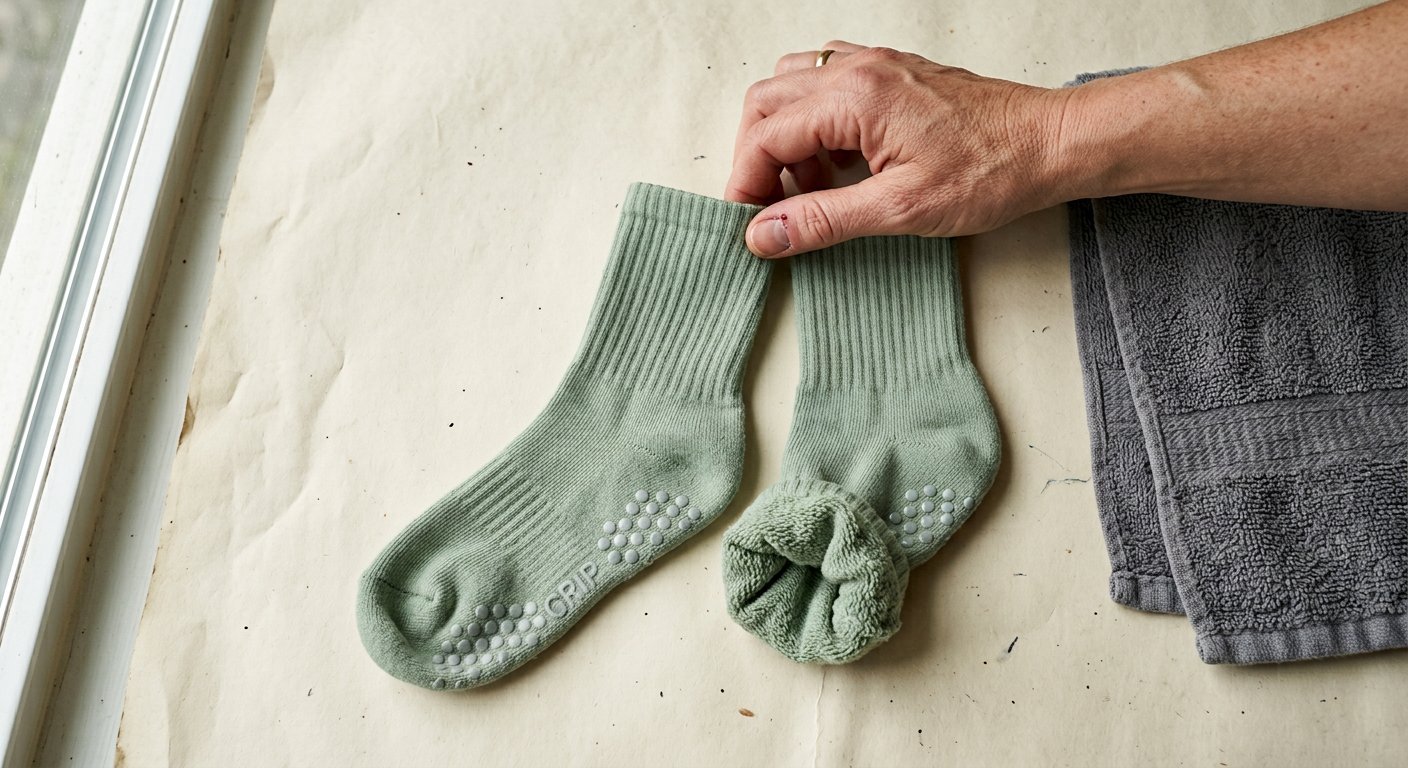Sculpt Studio Grip Sock in sage, one pair on the studio paper, shot for SWOLELIFT