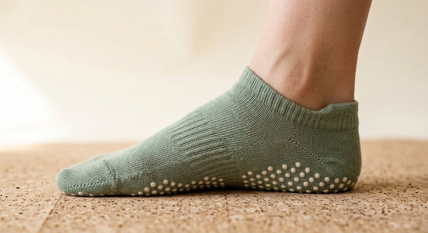 Sculpt Studio Grip Sock in sage on a female foot, grip dots across the sole