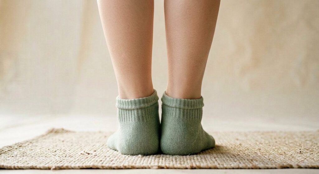 Sculpt Studio Grip Sock in sage, worn on female feet, heel and cuff from behind
