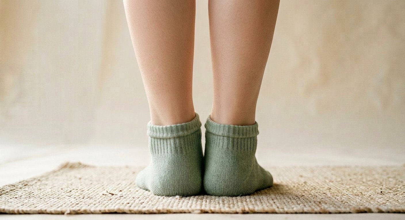 Sculpt Studio Grip Sock in sage, worn on female feet, heel and cuff from behind