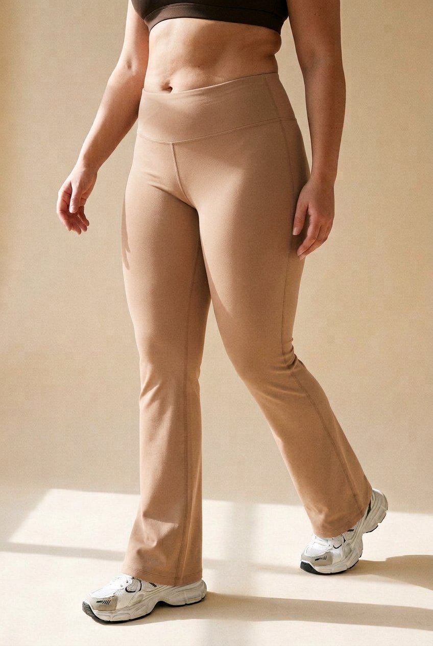 Sculpt Flare Second-Skin Legging in camel, matte four-way fabric that stays opaque in a deep lunge, on a real body