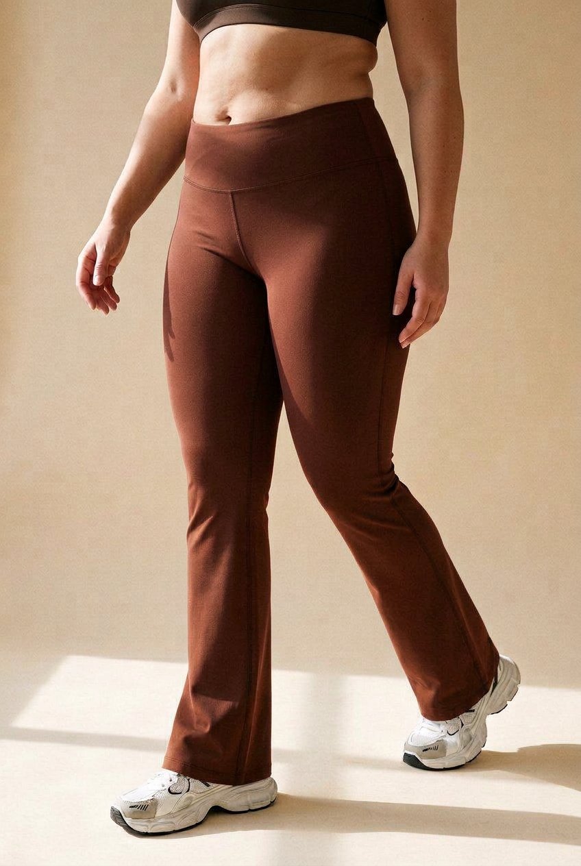 Sculpt Flare Second-Skin Legging in chestnut red-brown, V-rise waistband and a flared leg, on a real body