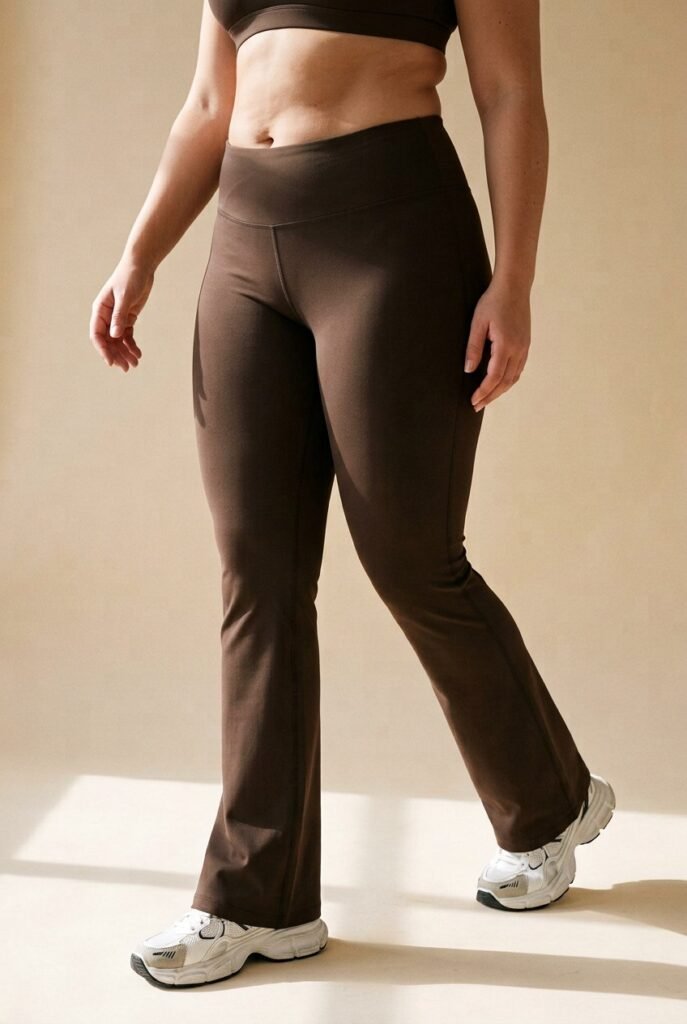 Sculpt Flare Second-Skin Legging in chocolate brown, wide contouring waistband, no front seam