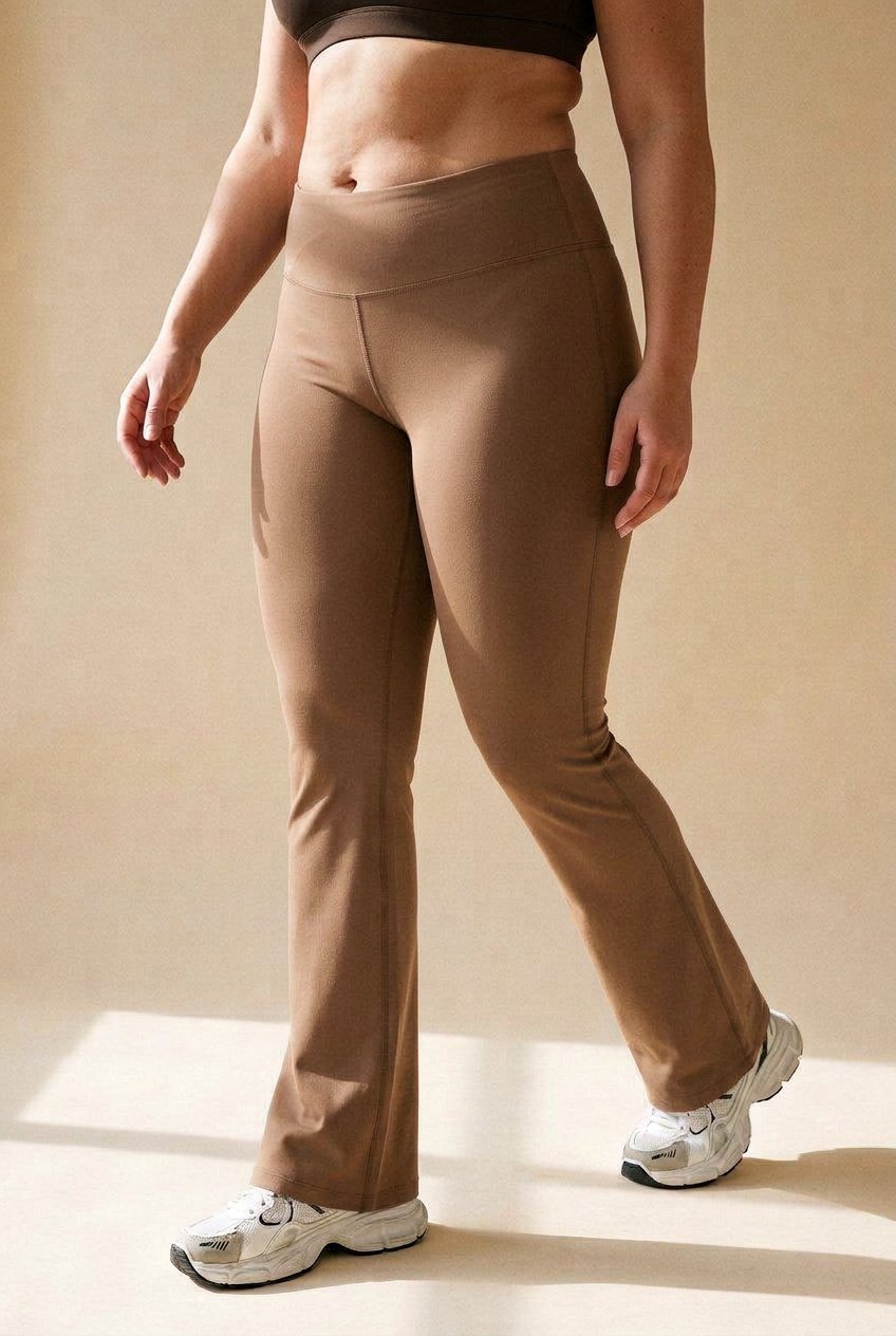 Sculpt Flare Second-Skin Legging in mocha mousse, wide high-rise waistband and a leg that flares over the shoe, on a real body
