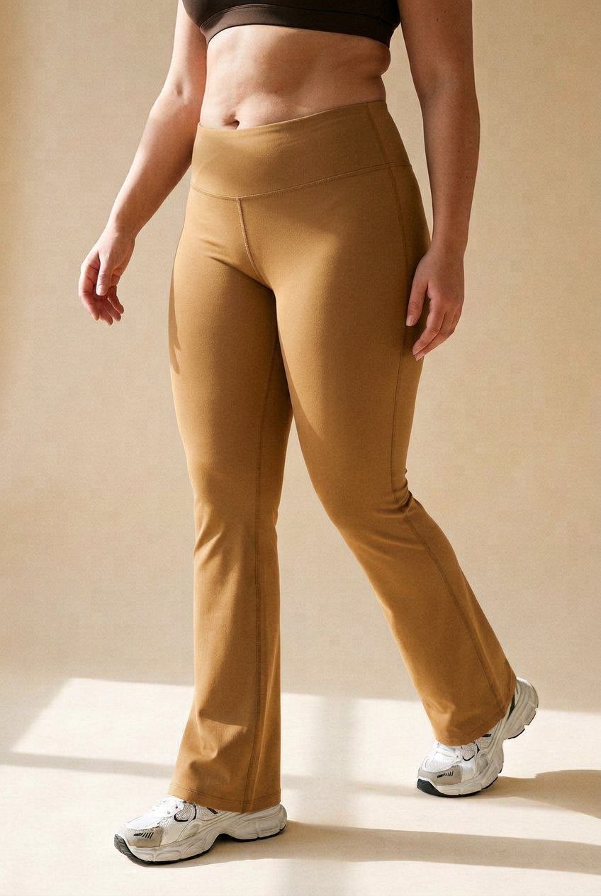 Sculpt Flare Second-Skin Legging in peanut tan, wide high-rise waistband, no front seam, on a real body