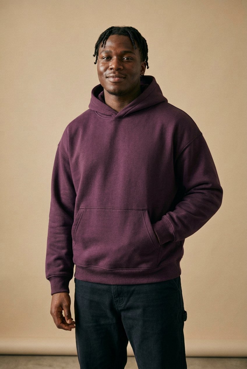 Sculpt Cloud Fleece Hoodie in aubergine, hood up, hands in the front pocket