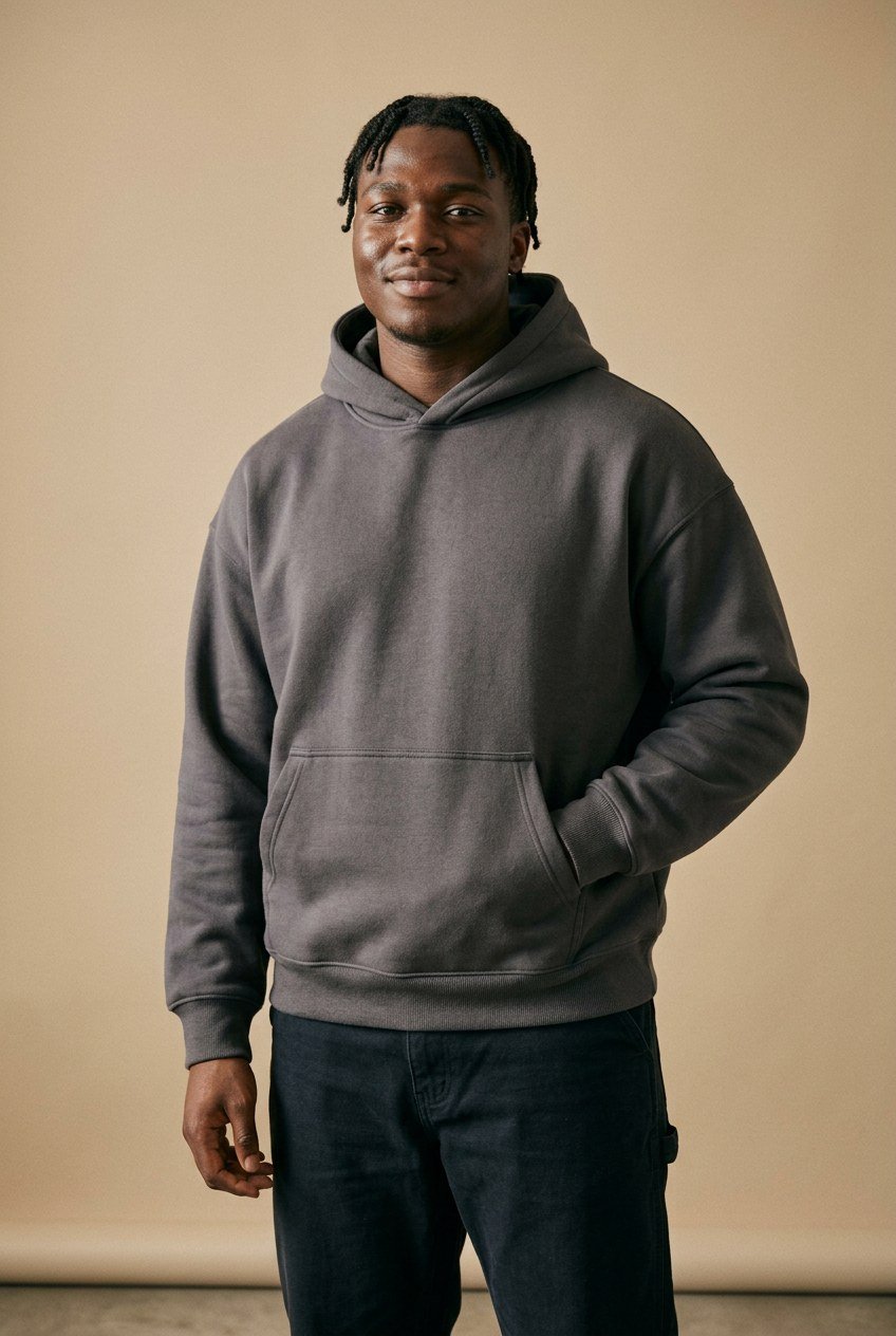 Sculpt Cloud Fleece Hoodie in charcoal, heavyweight loop-back fleece, hood up