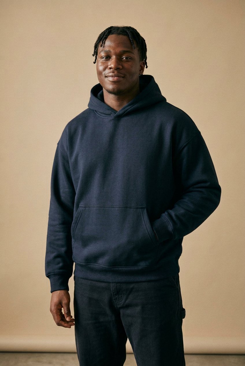 Sculpt Cloud Fleece Hoodie in midnight navy, hood up, hands in the front pocket
