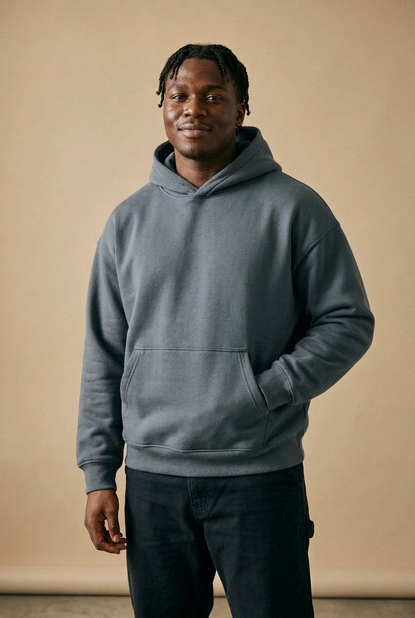 Sculpt Cloud Fleece Hoodie in slate blue, hood up, hands in the front pocket