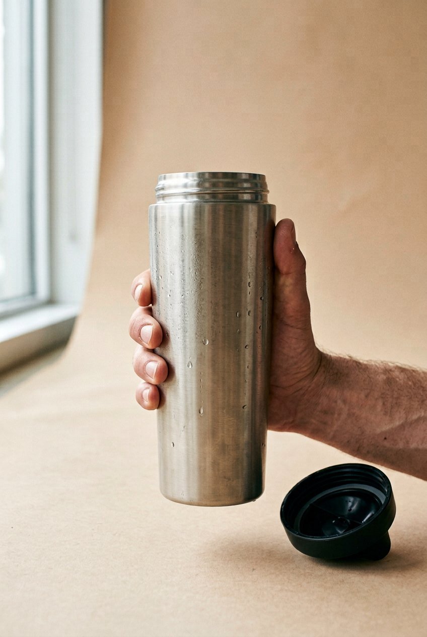 Sculpt Steel Shaker 1L held in hand, brushed stainless with the lid off