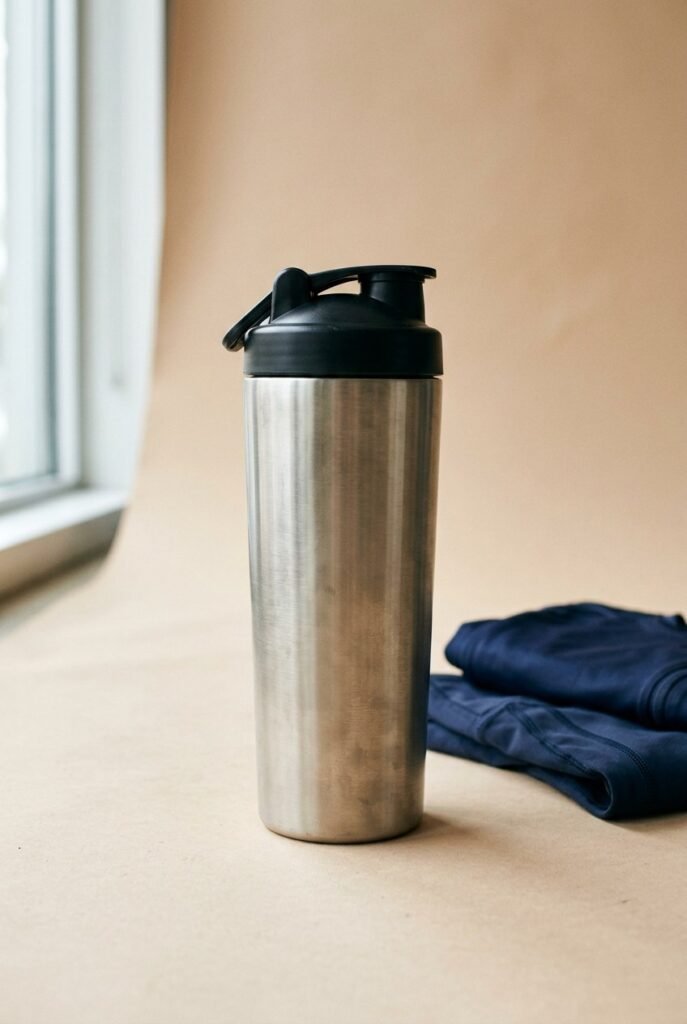 Sculpt Steel Shaker 1L in brushed stainless steel with a matte black lid