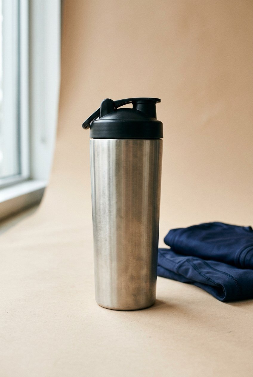 Sculpt Steel Shaker 1L in brushed stainless steel with a matte black lid