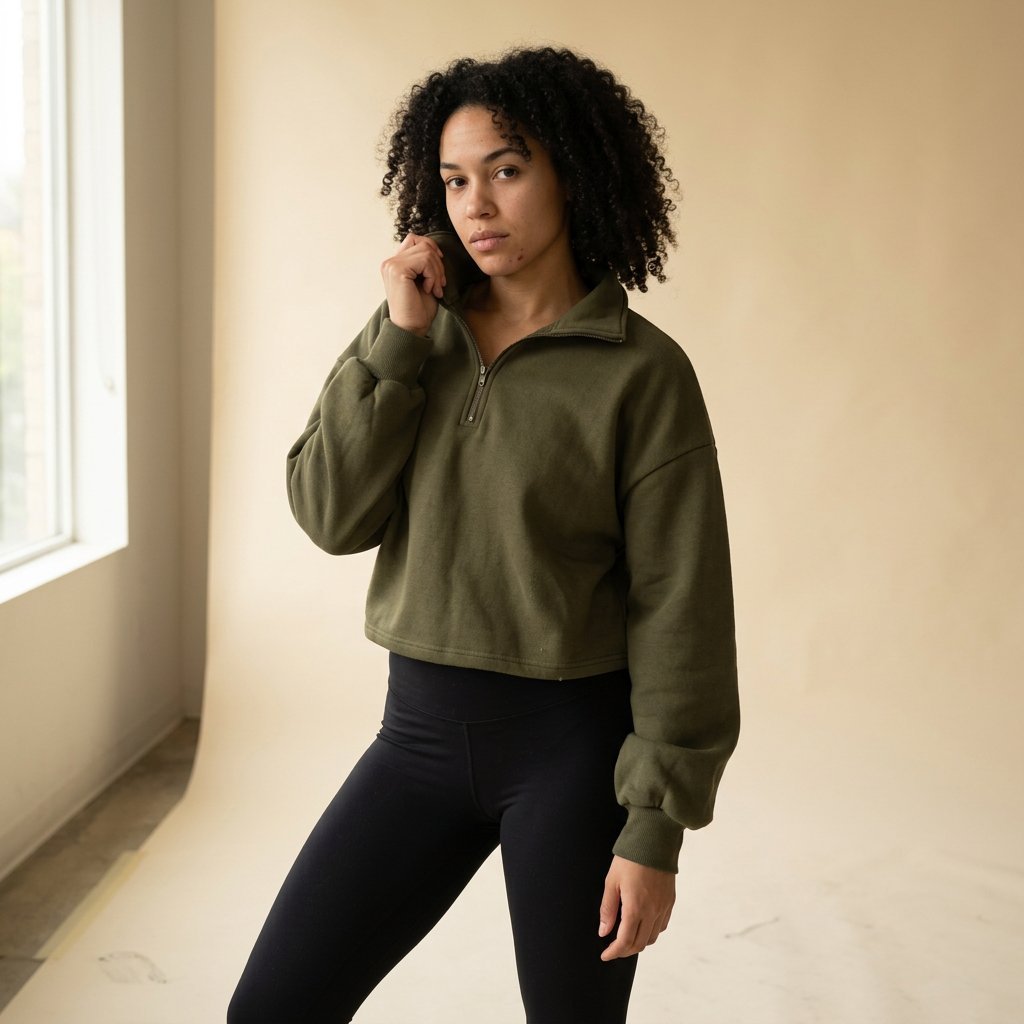 Sculpt Drape Half-Zip in olive, studio frame for SWOLELIFT