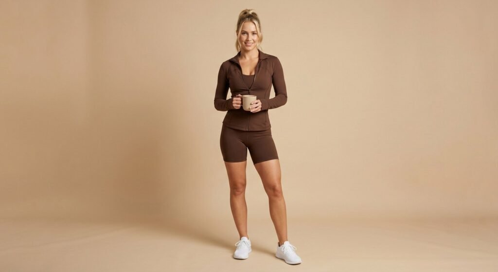 Sculpt Zip Jacket & Shorts Set in mocha brown, front view zipped up